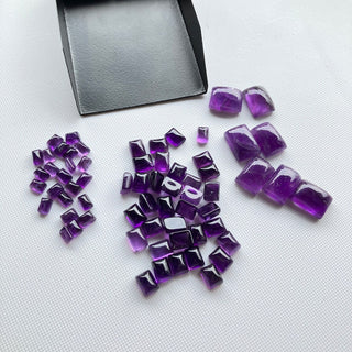 10 Pieces Natural Amethyst Rectangle Baguette Shaped Smooth Loose Gemstones Flat Back Cabochon, 6x4mm/8x6mm/14x10mm BB414