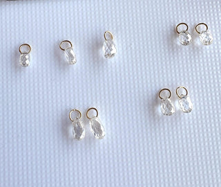 14k Solid Gold Lab Made Diamond Briolette Connector Charms: Clear White CVD Diamond Charm Pendant For Earrings Necklace, LG65