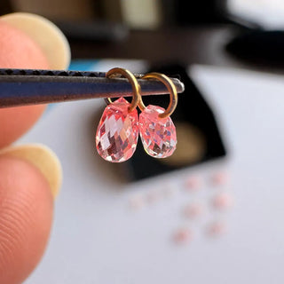 14k Gold Lab Made Diamond Briolette Connector Charms: Clear Pink CVD Diamond Charm Pendant For Earrings Necklace, LG63