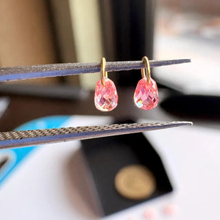 14k Gold Lab Made Diamond Briolette Connector Charms: Clear Pink CVD Diamond Charm Pendant For Earrings Necklace, LG63