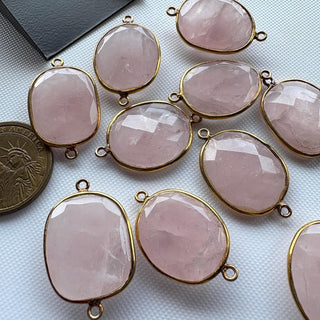 2 Pieces 25mm Rose Quartz Rose Cut Cabochon Jewelry Bezel Connectors, 925 Silver Gold Vermeil Gemstone Connectors Loose For Jewelry, GDS1616