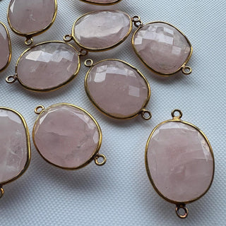 2 Pieces 25mm Rose Quartz Rose Cut Cabochon Jewelry Bezel Connectors, 925 Silver Gold Vermeil Gemstone Connectors Loose For Jewelry, GDS1616