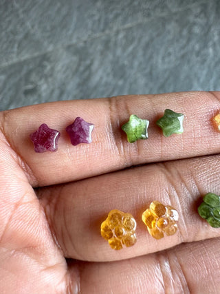 5.5mm to 6mm Natural Pink/Yellow/Green Tourmaline Hand Carved Flower/Star Shape Matched Pair Gemstone Cabochon, Carved Tourmaline, GDS2282/6