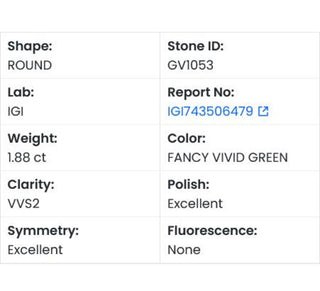 IGI Certified 1.88 CTW Fancy Vivid Green Round Brilliant Cut Lab-Grown Diamond - VVS2 Clarity, Ready to Ship, Perfect Gift for Her, GV1053