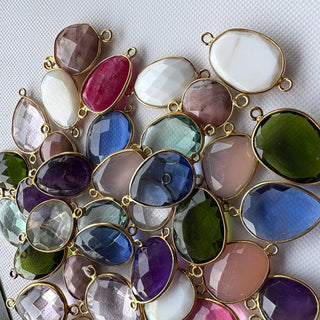 5 Pieces 13mm to 15mm Multi Gemstone Rose Cut Cabochon Connectors, 925 Silver Gold Vermeil Connectors, Double Bail Bezel Connectors, GDS1616/1