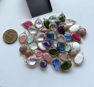 5 Pieces 13mm to 15mm Multi Gemstone Rose Cut Cabochon Connectors, 925 Silver Gold Vermeil Connectors, Double Bail Bezel Connectors, GDS1616/1