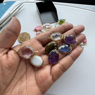 5 Pieces 13mm to 15mm Multi Gemstone Rose Cut Cabochon Connectors, 925 Silver Gold Vermeil Connectors, Double Bail Bezel Connectors, GDS1616/1