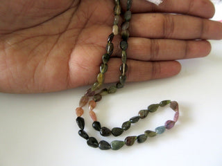 5 Strands Natural Tourmaline Smooth Straight Drilled Pear Beads, Pink Tourmaline, Green Tourmaline, 7mm Each, 13.5 Inch Strand, GDS38