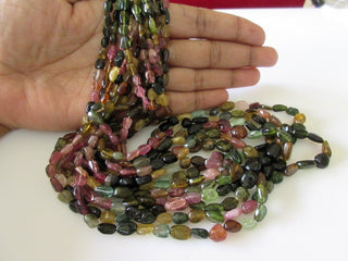 Multi Layered Tourmaline Necklace, Green Pink Tourmaline Smooth Oval Beads, 5mm To 9mm Each, 7 Strands 16-20 Inches, GDS41