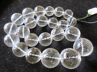 Rare 24mm To 17mm Hige Size Natural Rock Crystal Quartz Micro Faceted Round Beads, Quartz Crystal Beads 10 Inch Strand, GDS152