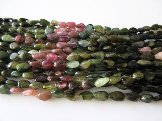 5 Strands Natural Tourmaline Smooth Straight Drilled Pear Beads, Pink Tourmaline, Green Tourmaline, 7mm Each, 13.5 Inch Strand, GDS38