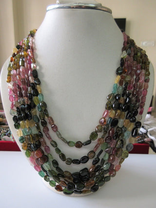 Multi Layered Tourmaline Necklace, Green Pink Tourmaline Smooth Oval Beads, 5mm To 9mm Each, 7 Strands 16-20 Inches, GDS41