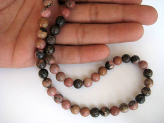 Rhodonite Large Hole Gemstone beads, 8mm Rhodonite Smooth Round Mala Beads, Drill Size 1mm, 15 Inch Strand, GDS594