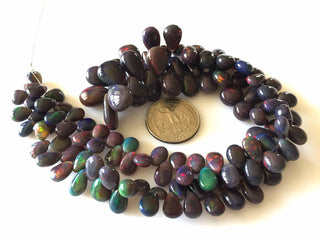 Rare Size Huge Black Opal Smooth Pear Shaped Briolette Beads, Ethiopian Welo Black Opal Beads, 9 Inch, 15mm To 8mm, GDS694