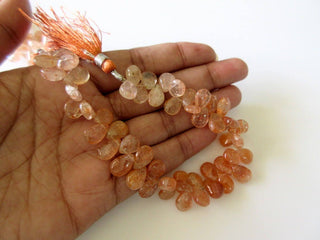 Uniform Size Natural Sunstone Smooth Pear Shaped Briolette Beads, 8 Inches Of 7x10mm Sunstone Beads, GDS754