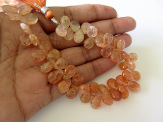 Uniform Size Natural Sunstone Smooth Pear Shaped Briolette Beads, 8 Inches Of 7x10mm Sunstone Beads, GDS754