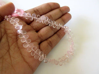 Uniform Size Natural Rose Quartz Smooth Pear Shaped Briolette Beads, 9 Inches Of 5x6mm AAA Pink Quartz Beads, Gds759