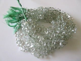 Uniform Size Natural Green Amethyst Smooth Pear Shaped Briolette Beads, 10 Inches Of 5x7mm Green Amethyst Beads, GDS755