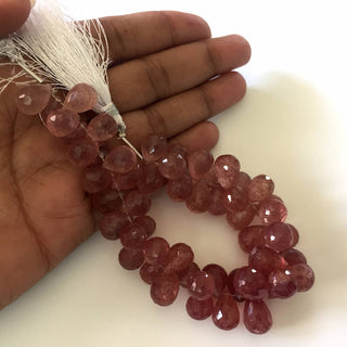 Rare AAA Pink Natural Strawberry Quartz Faceted Teardrop Briolette Beads, 10mm To 11mm Strawberry Quartz Drop Beads, 6.5 Inch Strand, GDS779