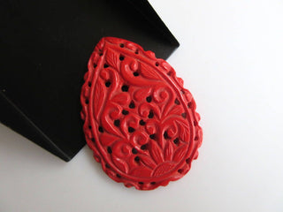 Pear Shaped Coral Jewelry Carvings, Hand Carved Filigree Findings, Gemstone Carving, 54x39x4mm, GDS857