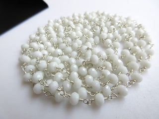 White Agate Wire Wrapped Rondelle Beads, White Agate Rosary Style Chain, Beaded Chain By The Foot, 925 Silver Plated, GDS876