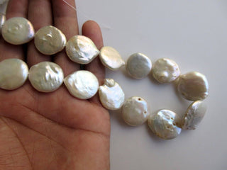 White Beige Fresh Water Keishi Pearl Flat Round Coin Beads, High Lustre Loose Pearls, 1 Strand, 13 Inches, 17mm To 24mm Each, SKU-FP35