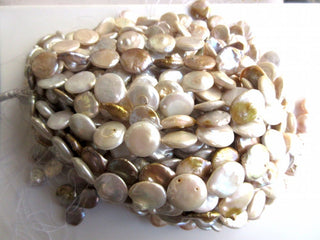 White Beige Fresh Water Keishi Pearl Flat Round Coin Beads, High Lustre Loose Pearls, 1 Strand, 13 Inches, 17mm To 24mm Each, SKU-FP35