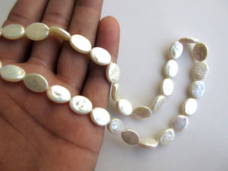 White Fresh Water Flat Oval Shaped Pearl Beads, High Lustre Fancy Shaped Loose Pearls, 15 Inches, 11mm To 14mm Each, SKU-FP37