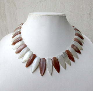 Natural White Peach Moonstone Bib Necklace, Layout Necklace, Cleopatra Necklace, Graduated Collar Necklace, 18x9mm To 33x11mm, GDS973