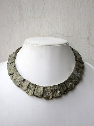 Natural Raw Pyrite Gold Layout Necklace, Bib Necklace, Cleopatra Necklace, Graduated Collar Necklace, 16x14mm To 21x14mm, 18 Inch, GDS979