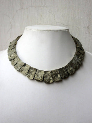 Natural Raw Pyrite Gold Layout Necklace, Bib Necklace, Cleopatra Necklace, Graduated Collar Necklace, 16x14mm To 21x14mm, 18 Inch, GDS979