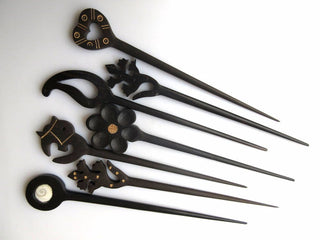 5 Pieces Shiva Eye Hand Carved Ebony Wood Hair Fork, Natural Wood Hair Stick, Wooden Hair Accessories, 1 Prong Hair Fork, GDS1042/6