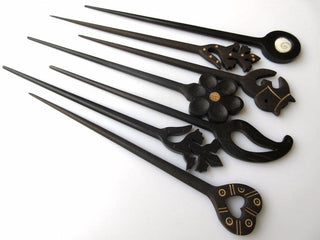 5 Pieces Ebony Wood Flower Hand Carved Hair Fork, Natural Wood Hair Stick, Wooden Hair Accessories, 1 Prong Hair Fork, GDS1042/11