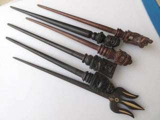 5 Pieces Ebony Wood Laughing Buddha Hand Carved Hair Fork, Natural Wood Hair Stick, Wooden Hair Accessories, 1 Prong Hair Fork, GDS1042/17