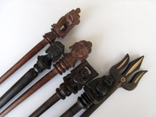 5 Pieces Ebony Wood Trishul Trident Hand Carved Hair Fork, Natural Wood Hair Stick, Wooden Hair Accessories, 1 Prong Hair Fork, GDS1042/19