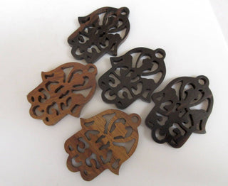 4 Pieces 51mm Hamsa Hand Ebony/Mango Wood Hand Carved Pendant, Hamsa Hand Wood Bead Pendant Charms, Wooden Pendant And Necklace, GDS1043/7