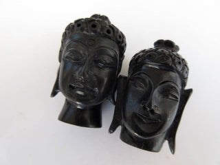 2 Pcs Buddha Head Natural Ebony Wood Hand Carved Bead Pendant, Carved Wooden Handmade Black Buddha Pendant, Top to Bottom Drill GDS1043/13