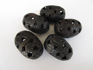 2 Pieces Hand Carved Egg Shaped Natural Ebony Wood Beads , Handemade Carved Easter Egg Wooden Bead Pendant, Wooden Supplies,  GDS1043/14