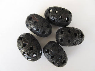 2 Pieces Hand Carved Egg Shaped Natural Ebony Wood Beads , Handemade Carved Easter Egg Wooden Bead Pendant, Wooden Supplies,  GDS1043/14