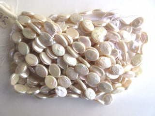 White Fresh Water Flat Oval Shaped Pearl Beads, High Lustre Fancy Shaped Loose Pearls, 15 Inches, 11mm To 14mm Each, SKU-FP37