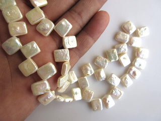 White Flat Rectangle Shaped Side Drilled Fresh Water Pearl Beads, High Lustre Fancy Shaped Loose Pearls, 15 Inches, 9x11mm Each, SKU-FP40