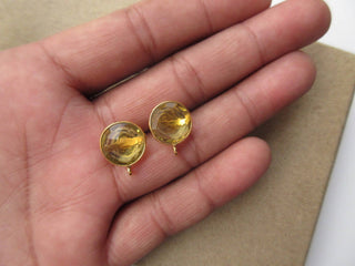 5 Pairs Citrine Color Hydro Quartz Round Bezel Set Earring Supplies, Gemstone Stud Earring Component Findings With Bail, GDS1041/11