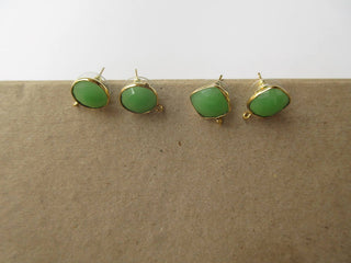 5 Pairs Green Chrysoprase Color Chalcedony Round Bezel Set Earring Supplies, Gemstone Stud Earring Component Findings With Bail ,GDS1041/14