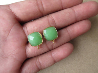 5 Pairs Green Chrysoprase Color Chalcedony Round Bezel Set Earring Supplies, Gemstone Stud Earring Component Findings With Bail ,GDS1041/14