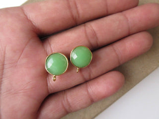 5 Pairs Green Chrysoprase Color Chalcedony Round Bezel Set Earring Supplies, Gemstone Stud Earring Component Findings With Bail ,GDS1041/14