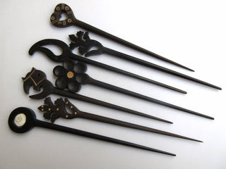 5 Pieces Ebony Wood Paisley Hand Carved Hair Fork, Natural Wood Hair Stick, Wooden Hair Accessories, 1 Prong Hair Fork, GDS1042/12