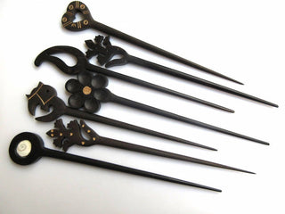 5 Pieces Ebony Wood Paisley Hand Carved Hair Fork, Natural Wood Hair Stick, Wooden Hair Accessories, 1 Prong Hair Fork, GDS1042/12