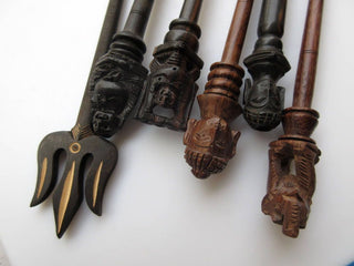 5 Pieces Ebony Wood Buddha Head Hand Carved Hair Fork, Natural Wood Hair Stick, Wooden Hair Accessories, 1 Prong Hair Fork, GDS1042/16
