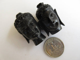 2 Pcs Buddha Head Natural Ebony Wood Hand Carved Bead Pendant, Carved Wooden Handmade Black Buddha Pendant, Top to Bottom Drill GDS1043/13