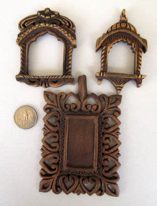 2 Pieces Hand Carved Wooden Window Temple Frame Pendant, Handmade Jharokha Pendant, Wood Art And Craft Framing Supplies Jewelry, GDS1046/4